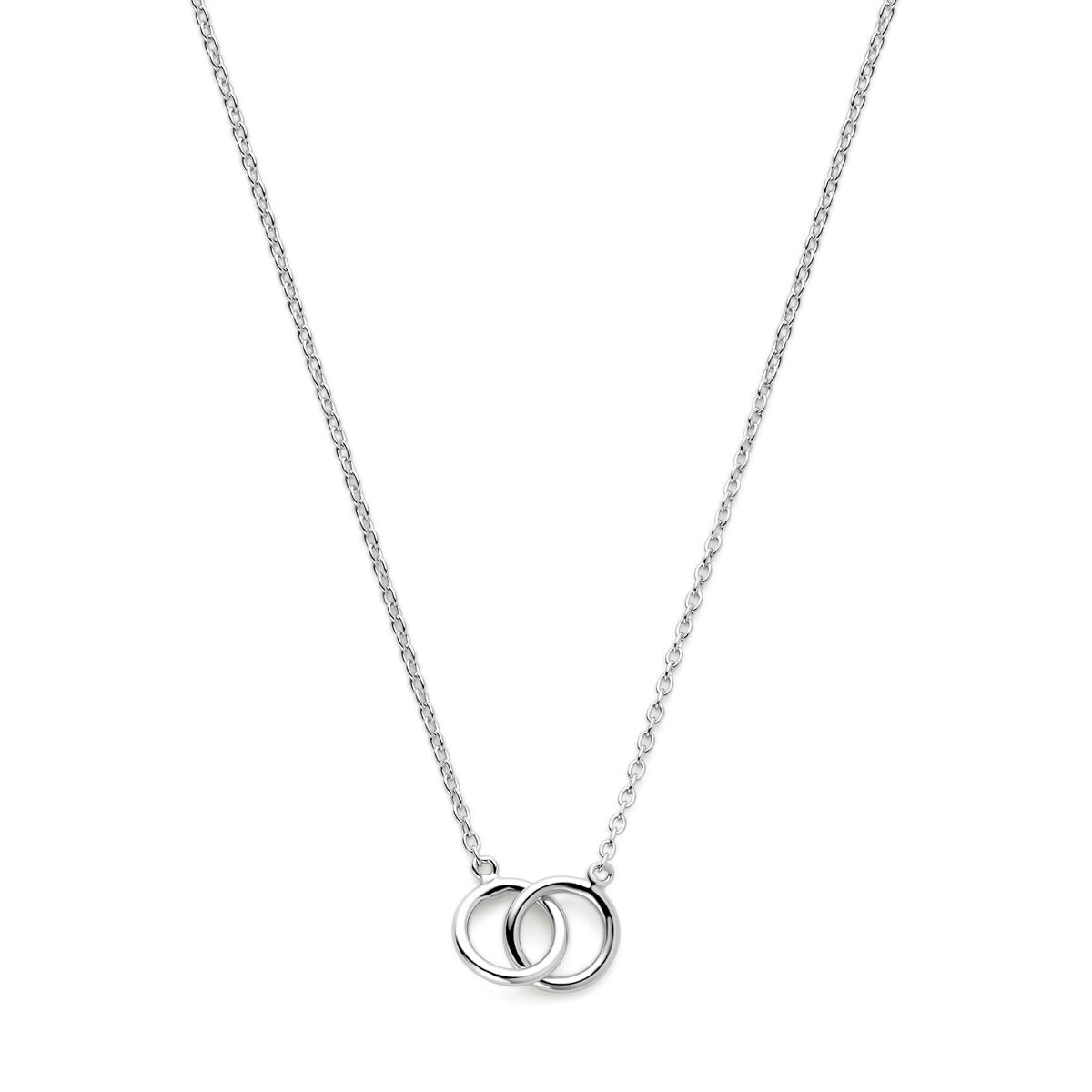 Collier en argent rhodié avec des cercles entrelacés.