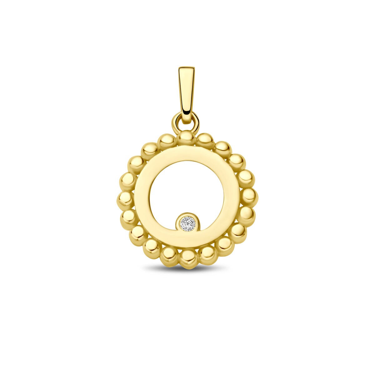 Pendentif en or jaune 9 carats en forme de rond, décoré de zirconia et de perles.