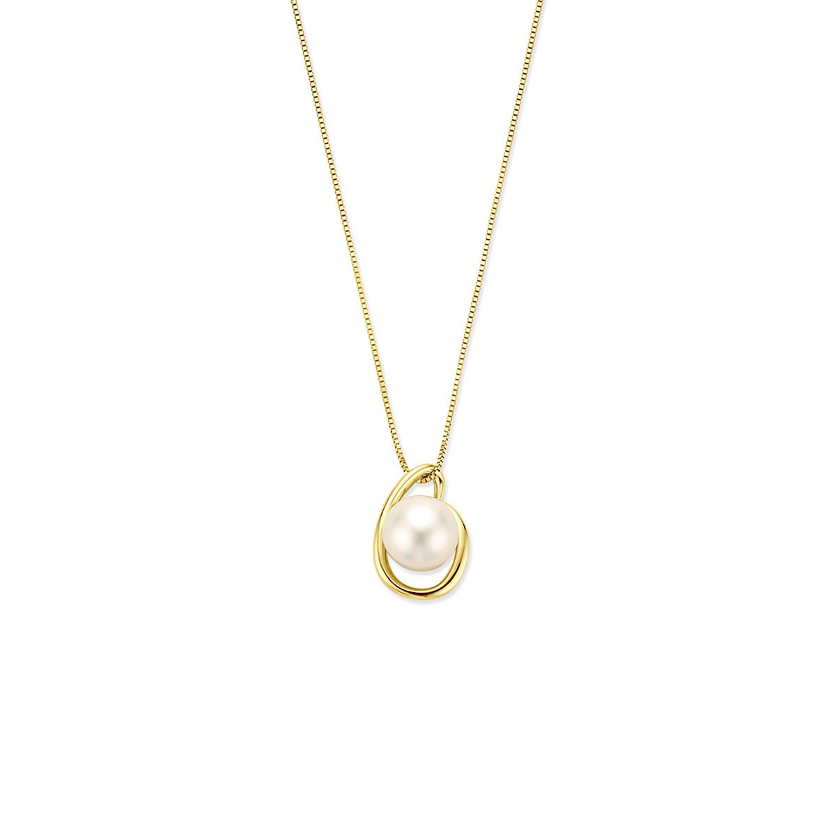 Collier en or jaune 14k avec une perle blanche en pendentif.