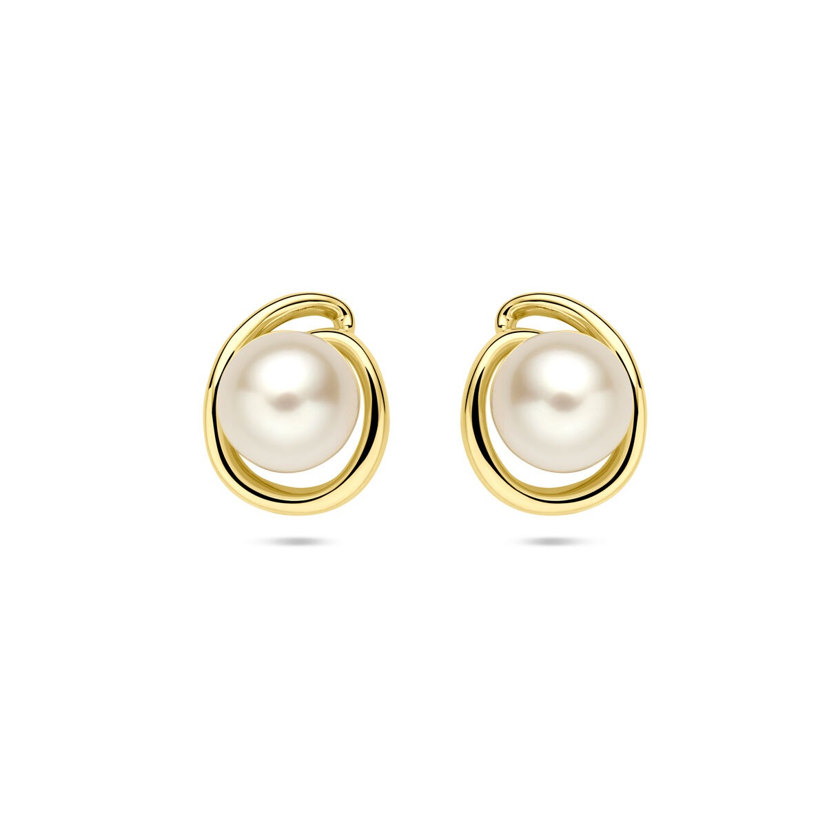Boucles d'oreilles en or jaune 14 carats avec perles de 8 mm, design enroulé.