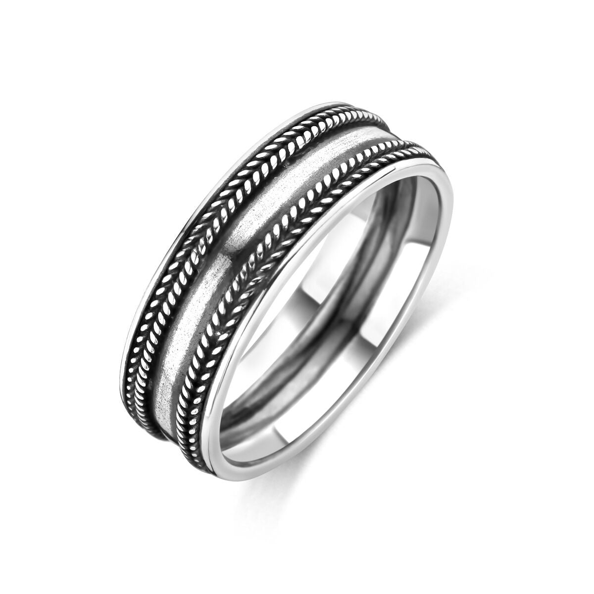 Bague en argent oxydé pour homme, large de 7 mm, avec motifs tressés.