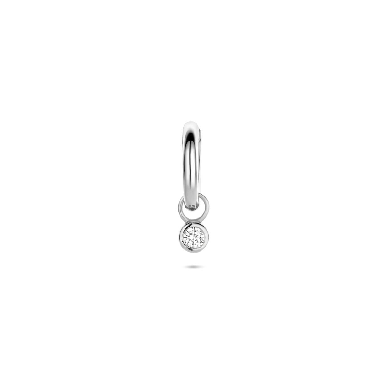 Boucle d'oreille en argent rhodié avec un zirconium, forme ronde et détail suspendu.