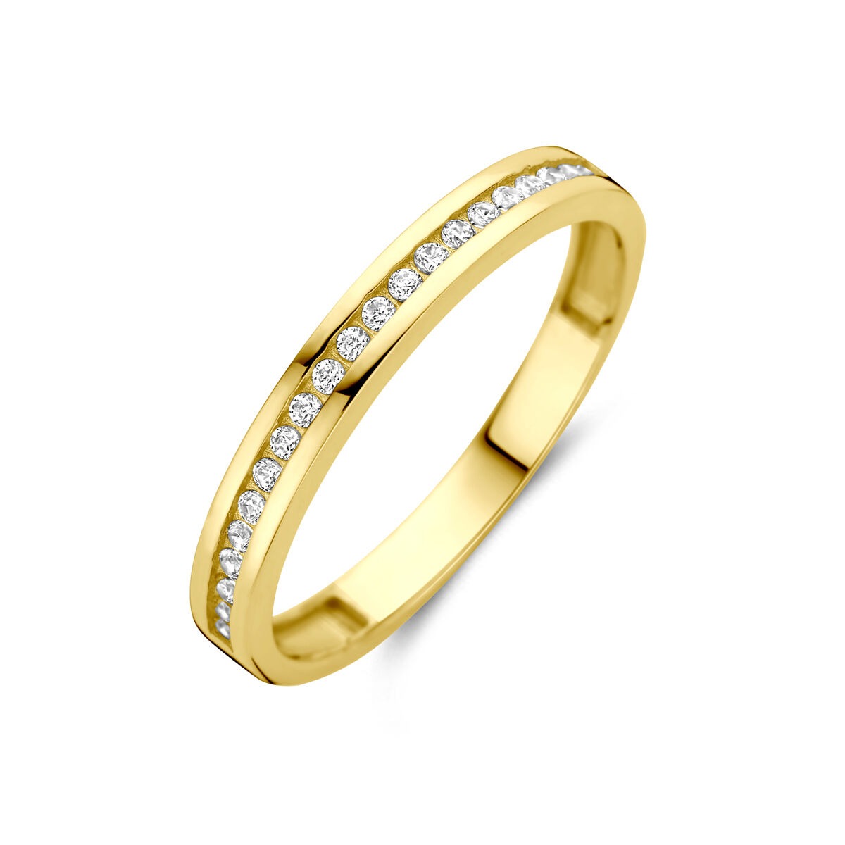 Bague en or jaune 14 carats avec zircons, finition lisse, largeur de 2,5 mm.
