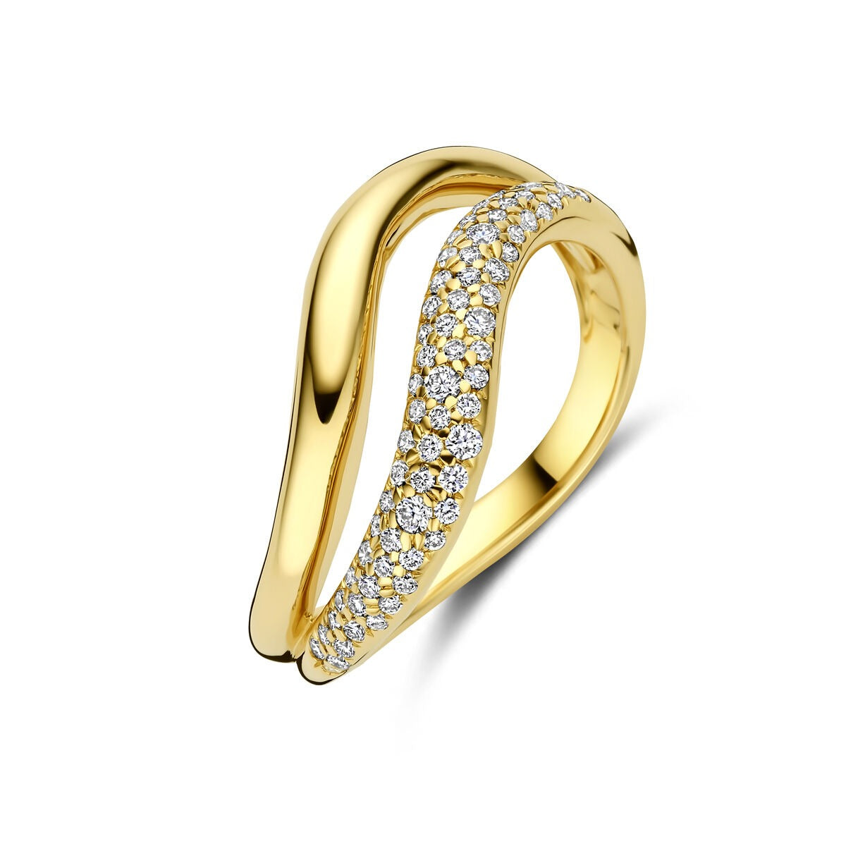 Bague en or jaune 14 carats ornée de diamants de 0,32 ct, au design élégant et ondulé.