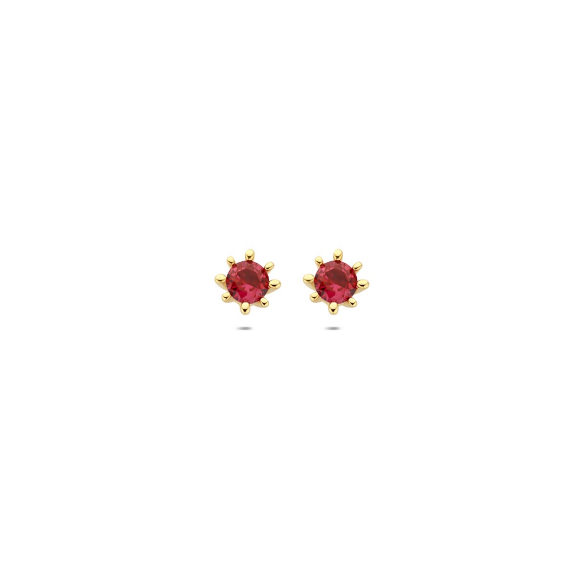 Boucles d'oreilles en or jaune 9 carats avec zircons rouges, forme ronde et sertissage en griffes.