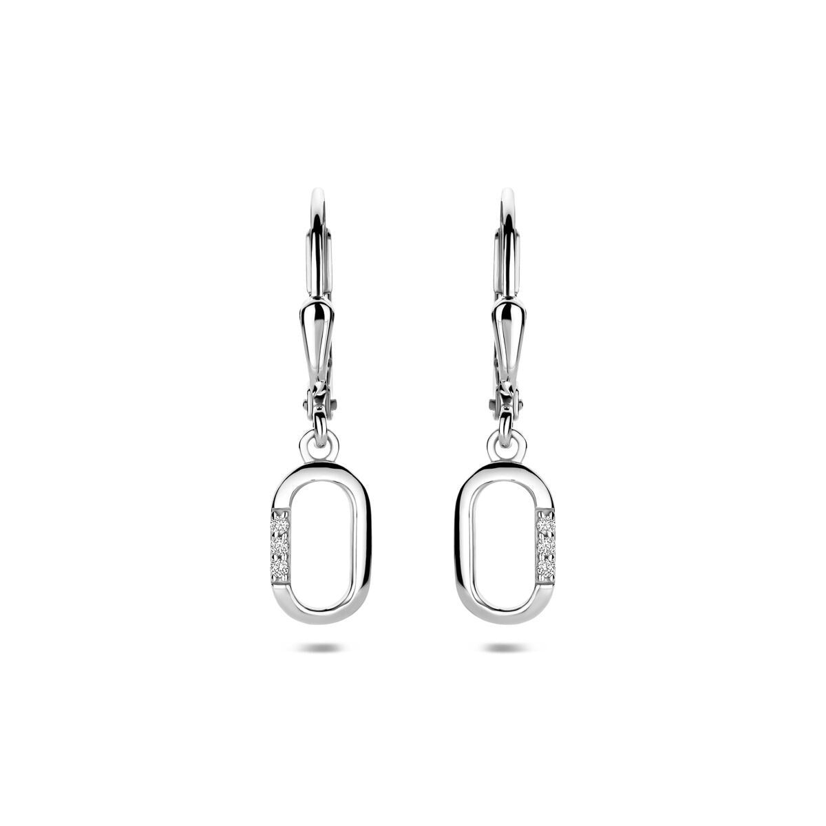 Boucles d'oreilles argentées avec zirconia, design entourage, 25 mm de long.
