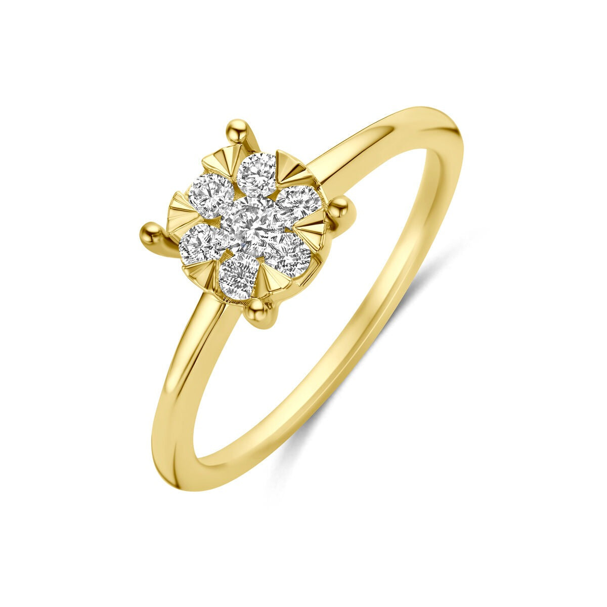 Bague en or jaune 14 carats avec un diamant cultivé en laboratoire en forme de fleur.