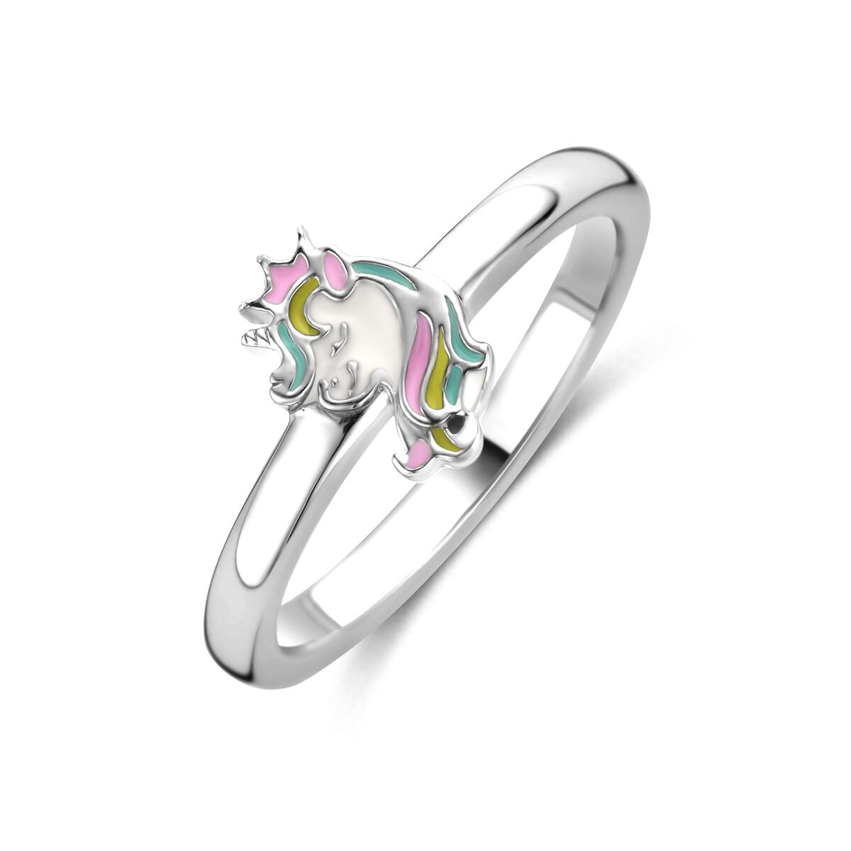 Bague en argent rhodié pour enfant avec une licorne colorée et des détails arc-en-ciel.