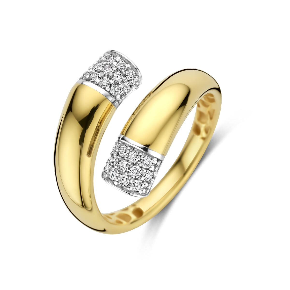 Bague bicolore en or 14 carats avec diamants, large de 16 mm.