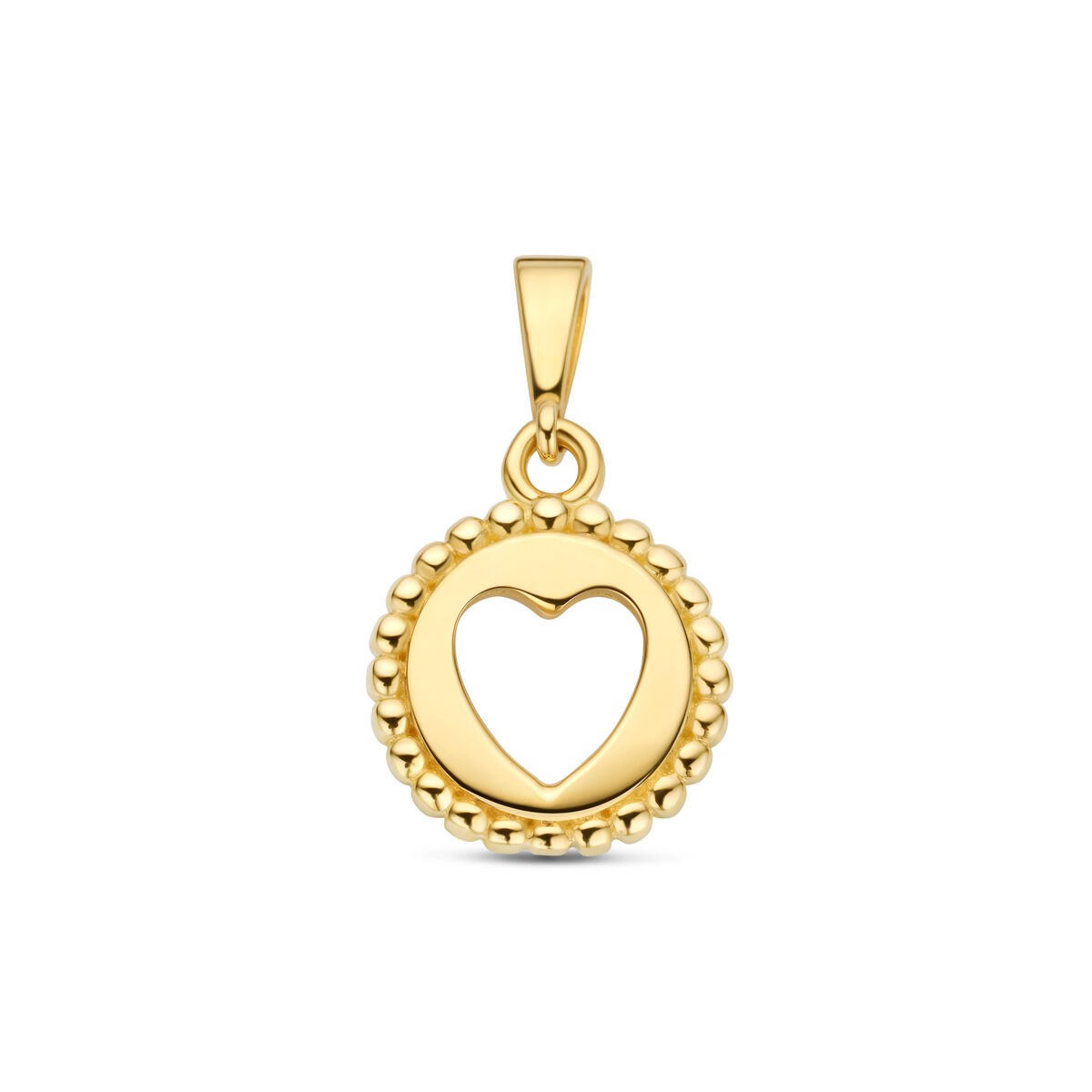 Pendentif en or jaune 9 carats en forme de cœur avec un contour perlé.