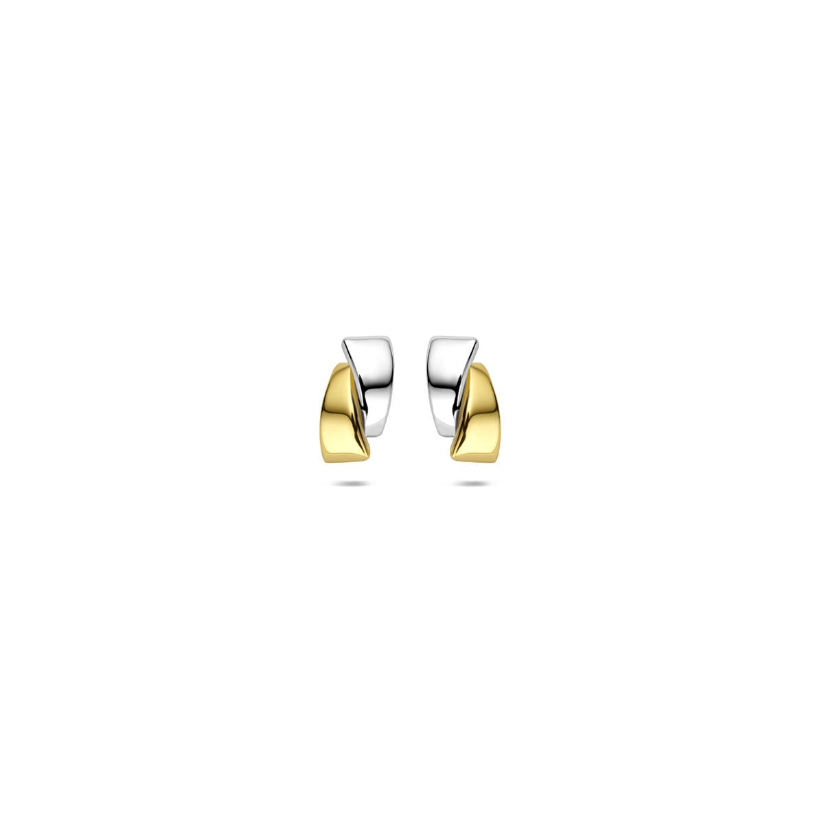 Boucles d'oreilles bicolores en or 9 carats, avec une finition brillante et des formes arrondies.