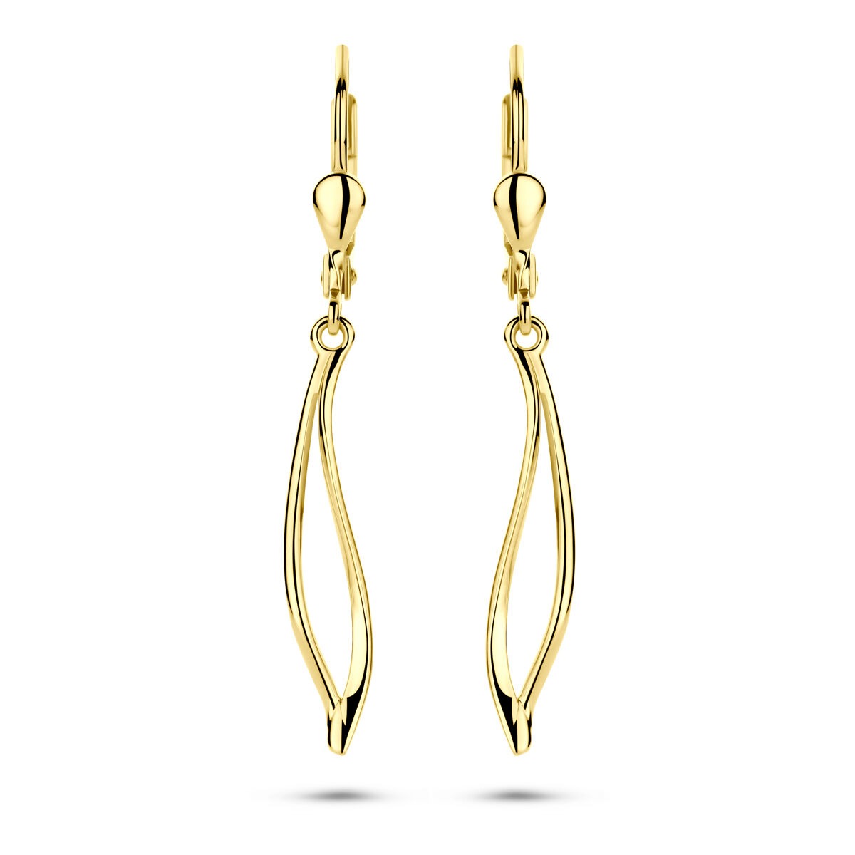 Boucles d'oreilles en or jaune 14k avec un design en forme de courbe et fermoir brisur.