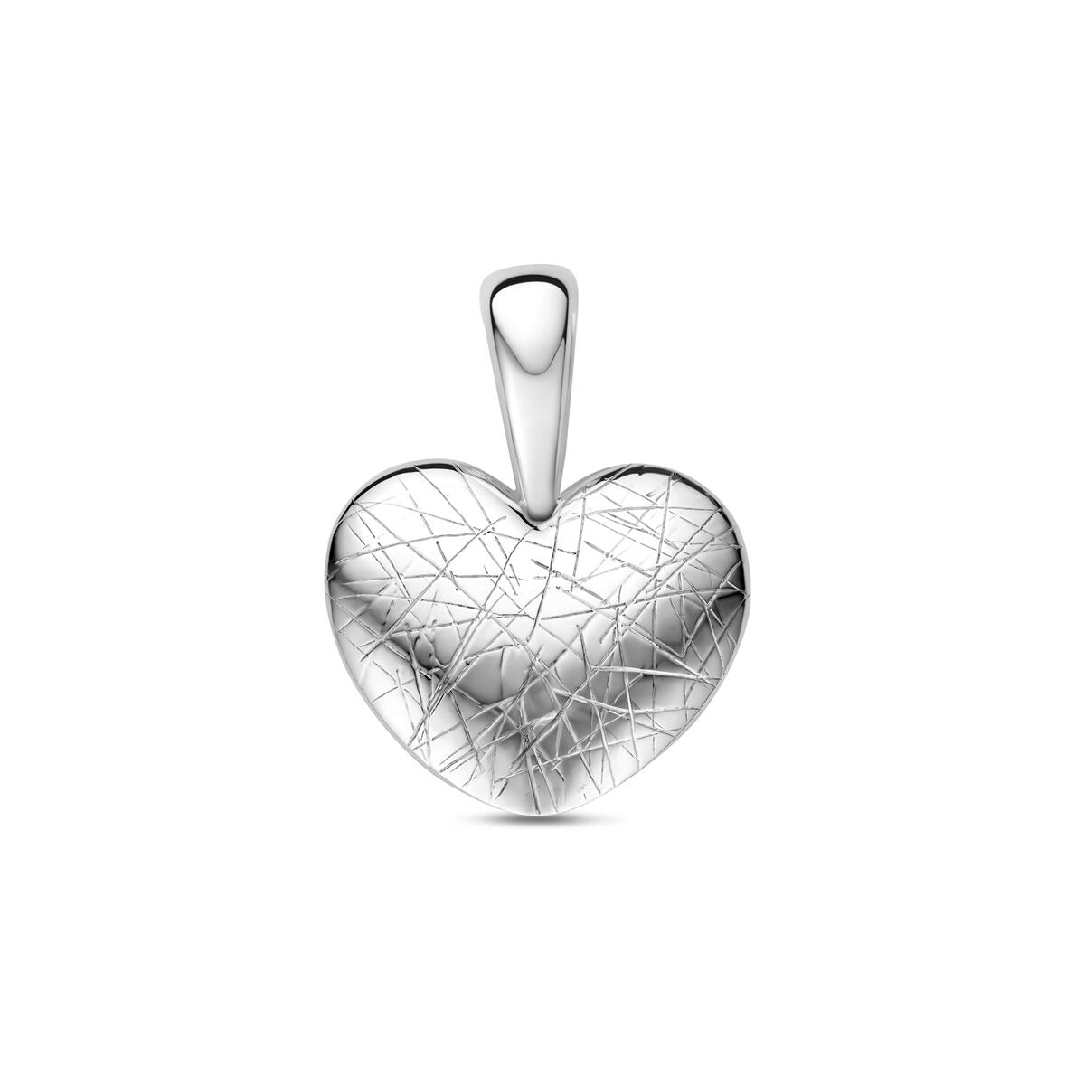Pendentif en argent 925 en forme de cœur, avec un motif strié et une finition rhodiée.