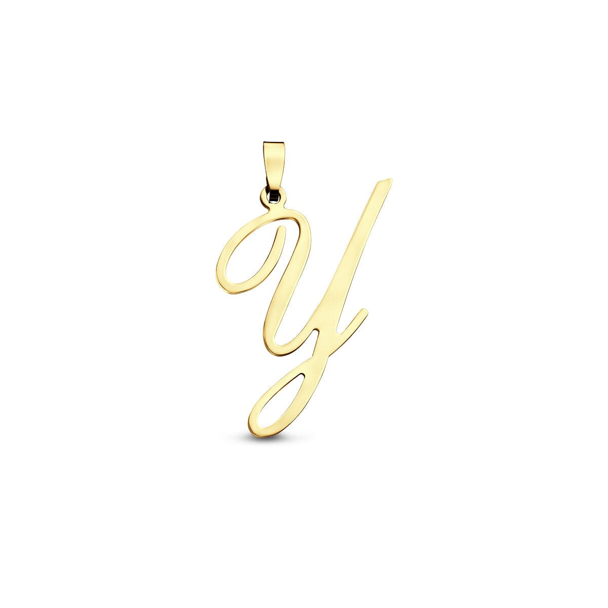 Pendentif en or jaune en forme de lettre 'y' avec une finition lisse.