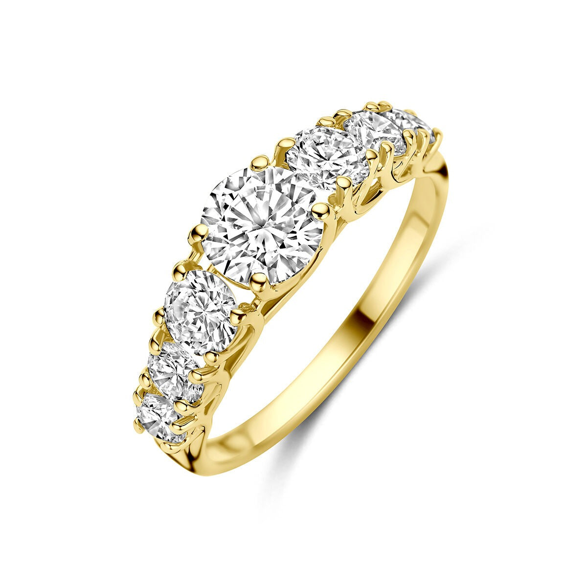 Bague en or jaune 14 carats ornée de diamants synthétiques ronds.