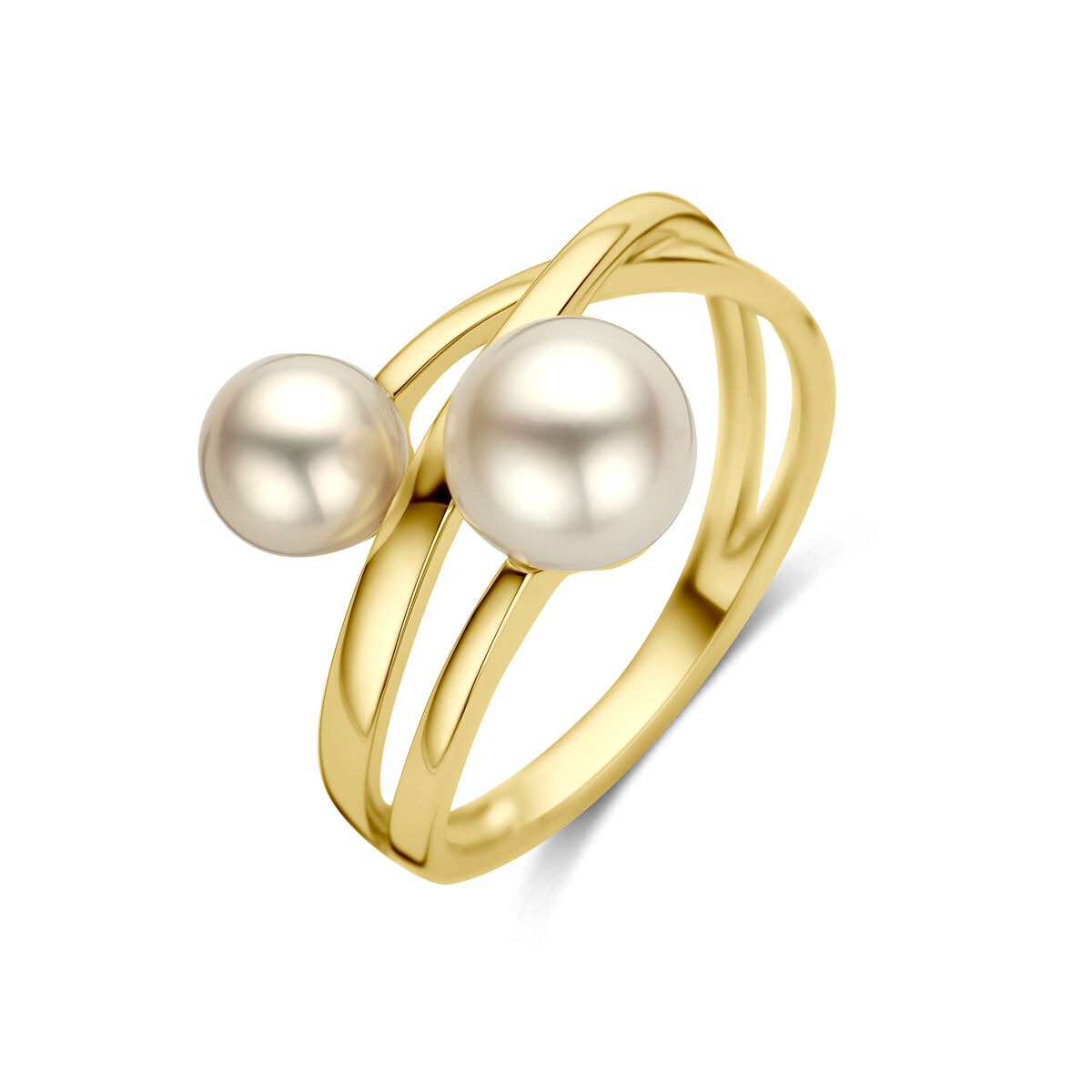 Bague en or jaune 14 carats avec deux perles.