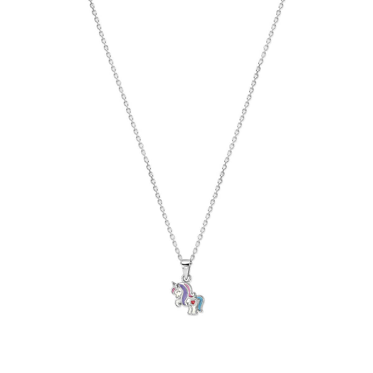 Zilveren kinderketting met een kleurrijke eenhoornhanger van emaille.