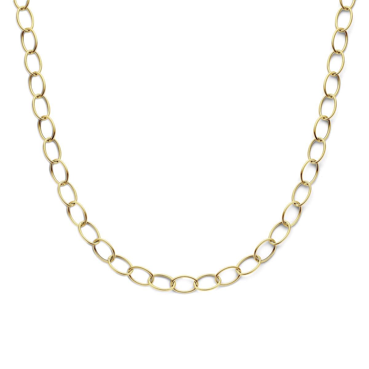 Collier en or jaune 14 carats avec maillons larges, longueur de 45 cm.
