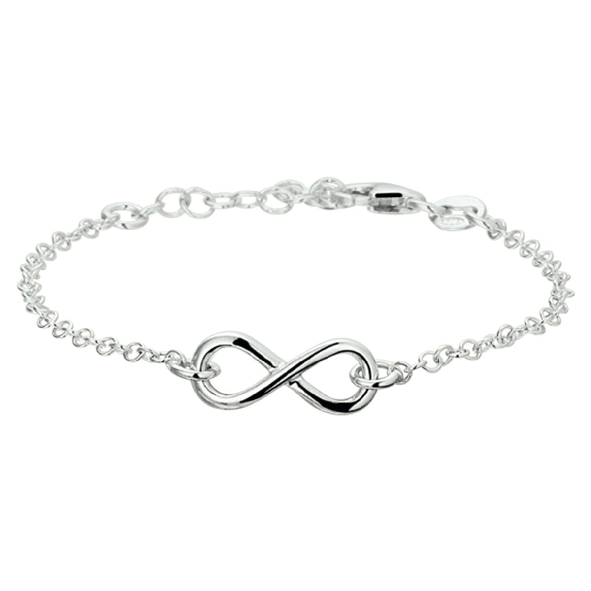 Bracelet en argent rhodié avec un symbole infini, chaîne délicate et fermoir.