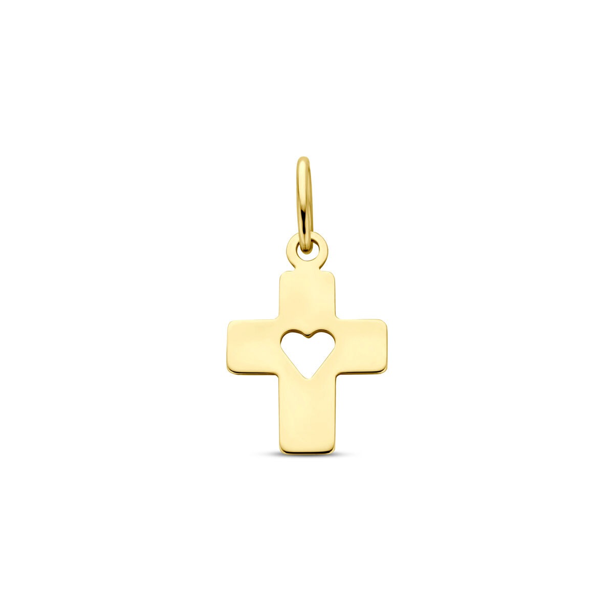 Pendentif croix en or jaune 14k avec un cœur découpé, dimensions 18 mm.