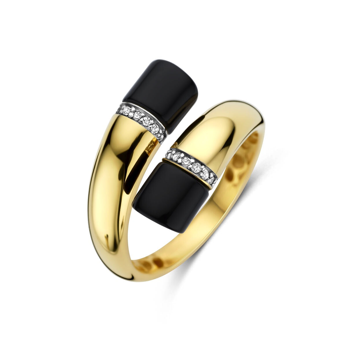 Bague en or jaune 14 carats avec onyx et diamants, largeur de 16 mm.