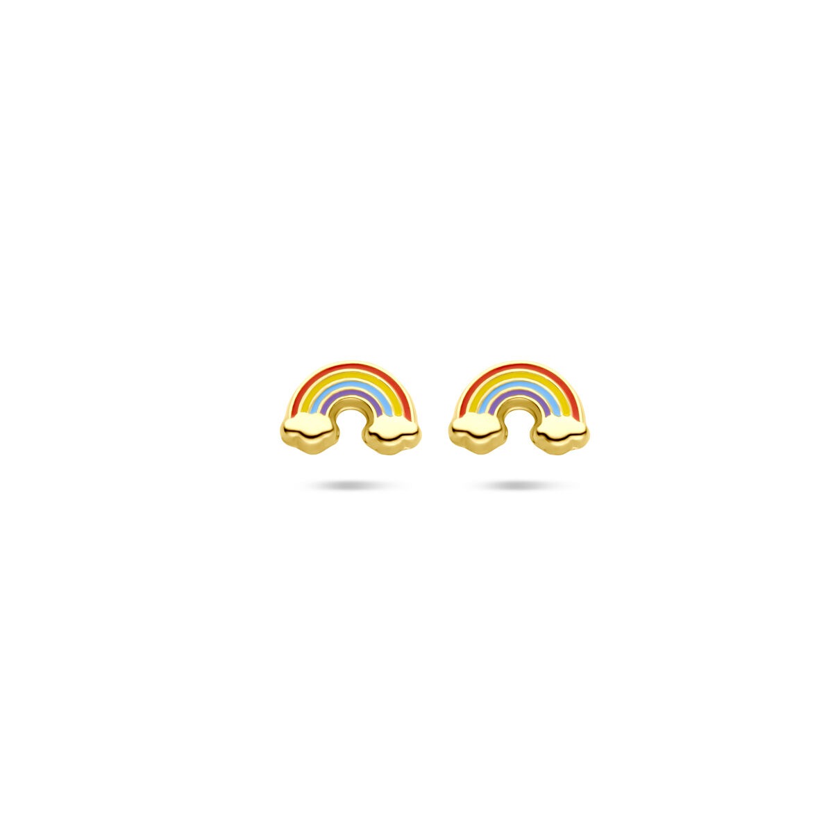 Boucles d'oreilles en or jaune 14 carats en forme d'arc-en-ciel avec des détails colorés.