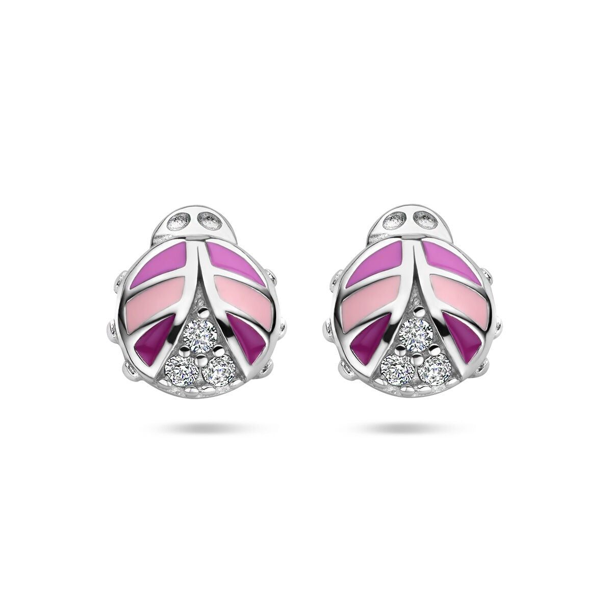 Boucles d'oreilles en argent rhodié en forme de coccinelle, ornées de zirconia et de couleurs rose.