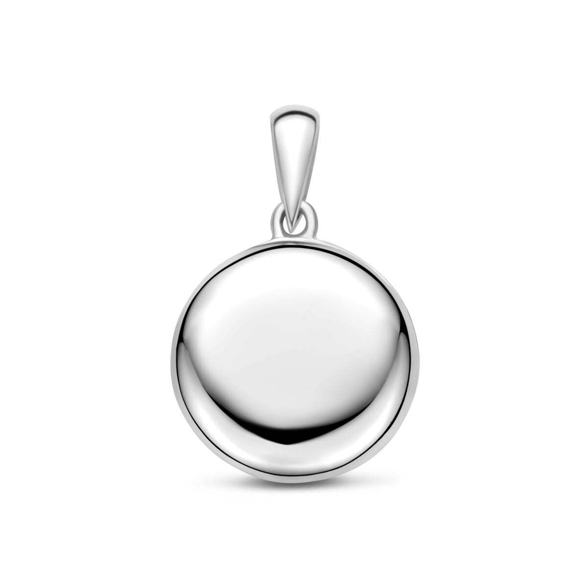 Pendentif rond en argent 925 rhodié, surface lisse et brillante.