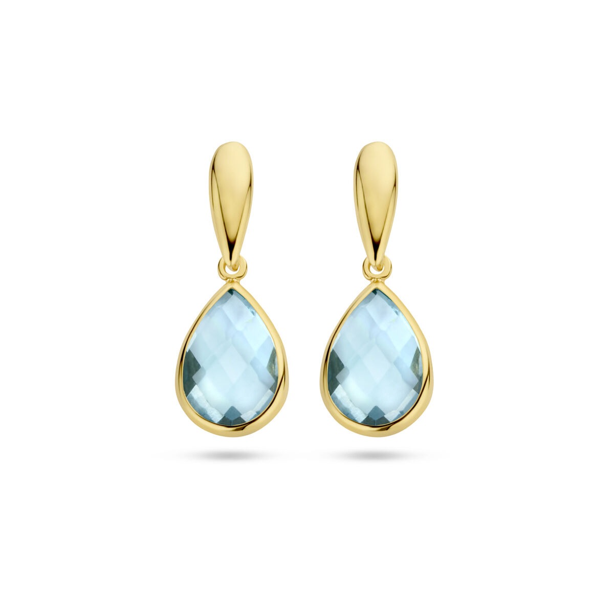 Boucles d'oreilles en or jaune 9 carats avec des topazes bleues en forme de goutte.