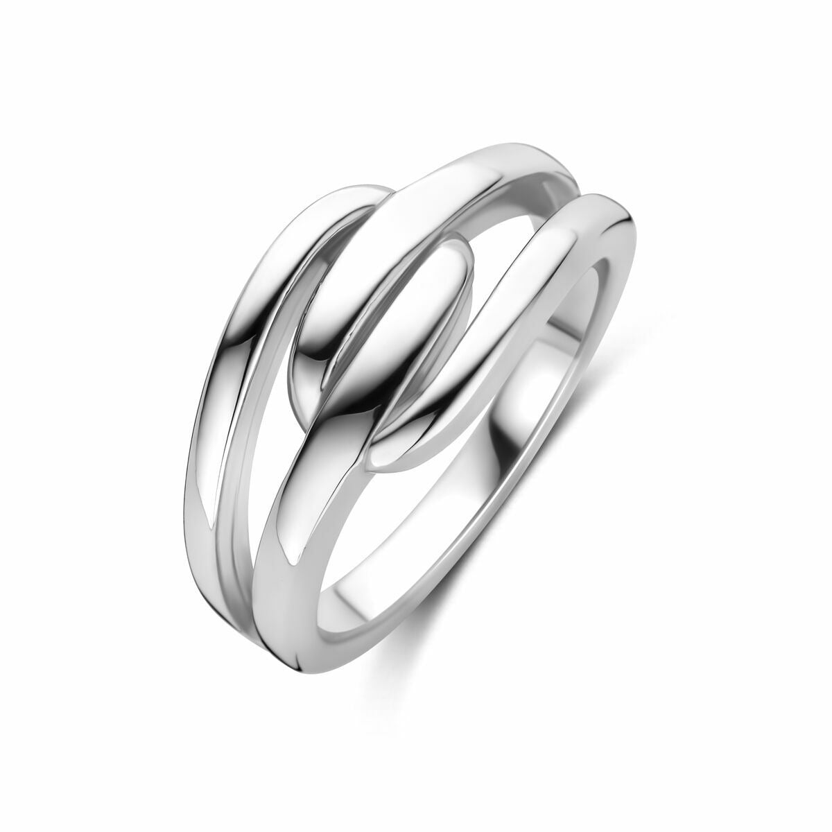 Bague en argent rhodié 925 avec un design entrelacé et poli.