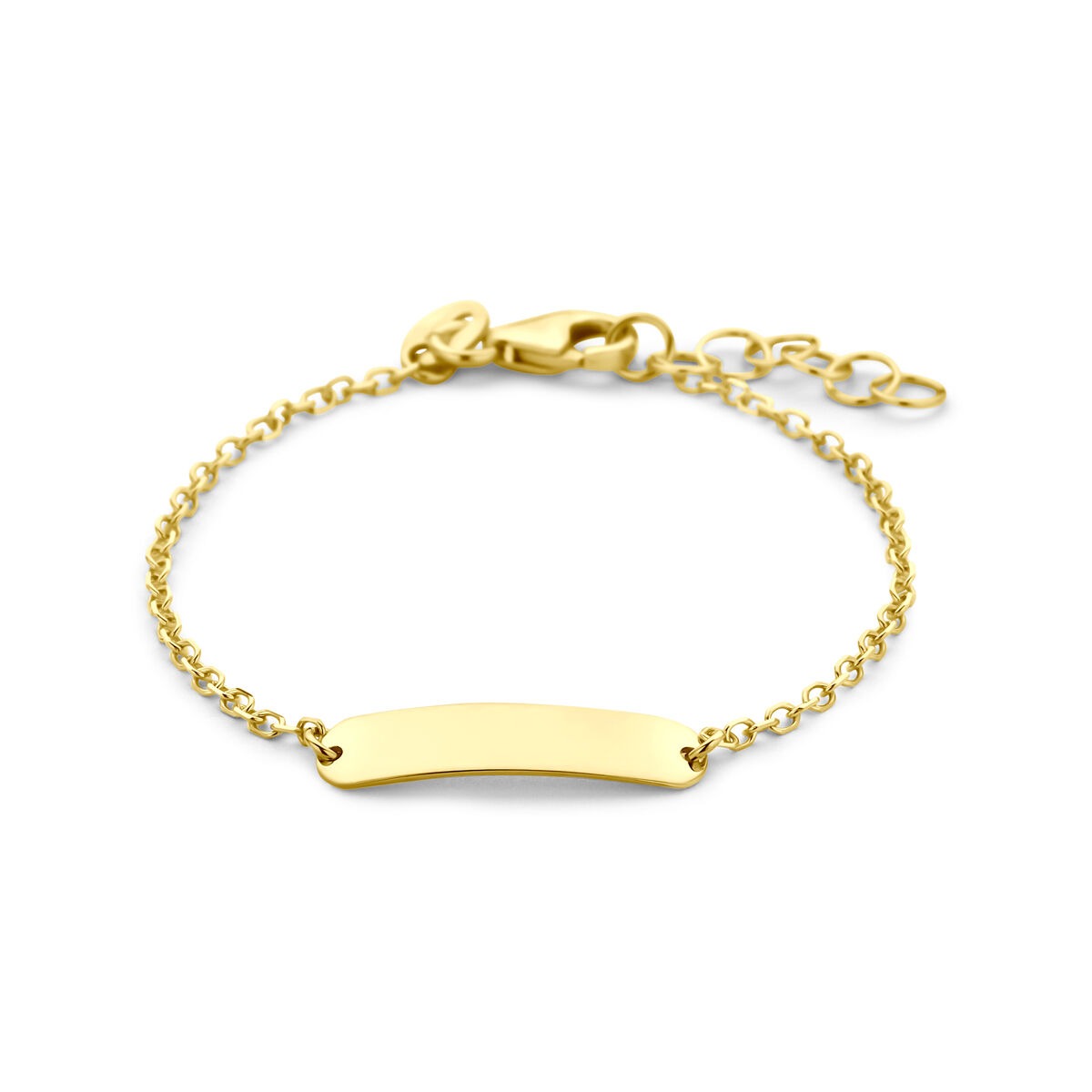 Bracelet en or jaune 9 carats avec plaque gravable et chaîne ajustable.