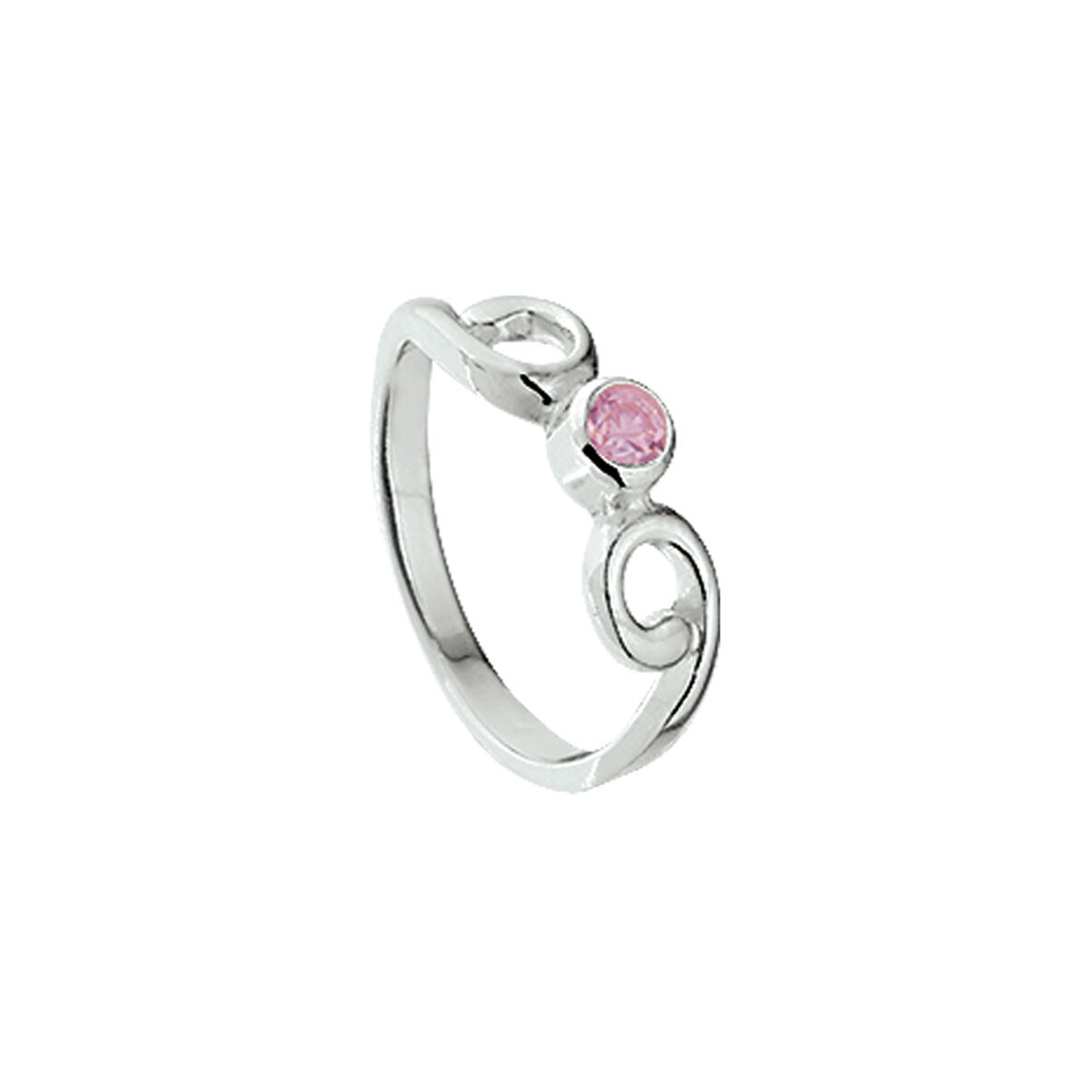 Bague en argent rhodié avec une zirconia rose et un design en spirale.