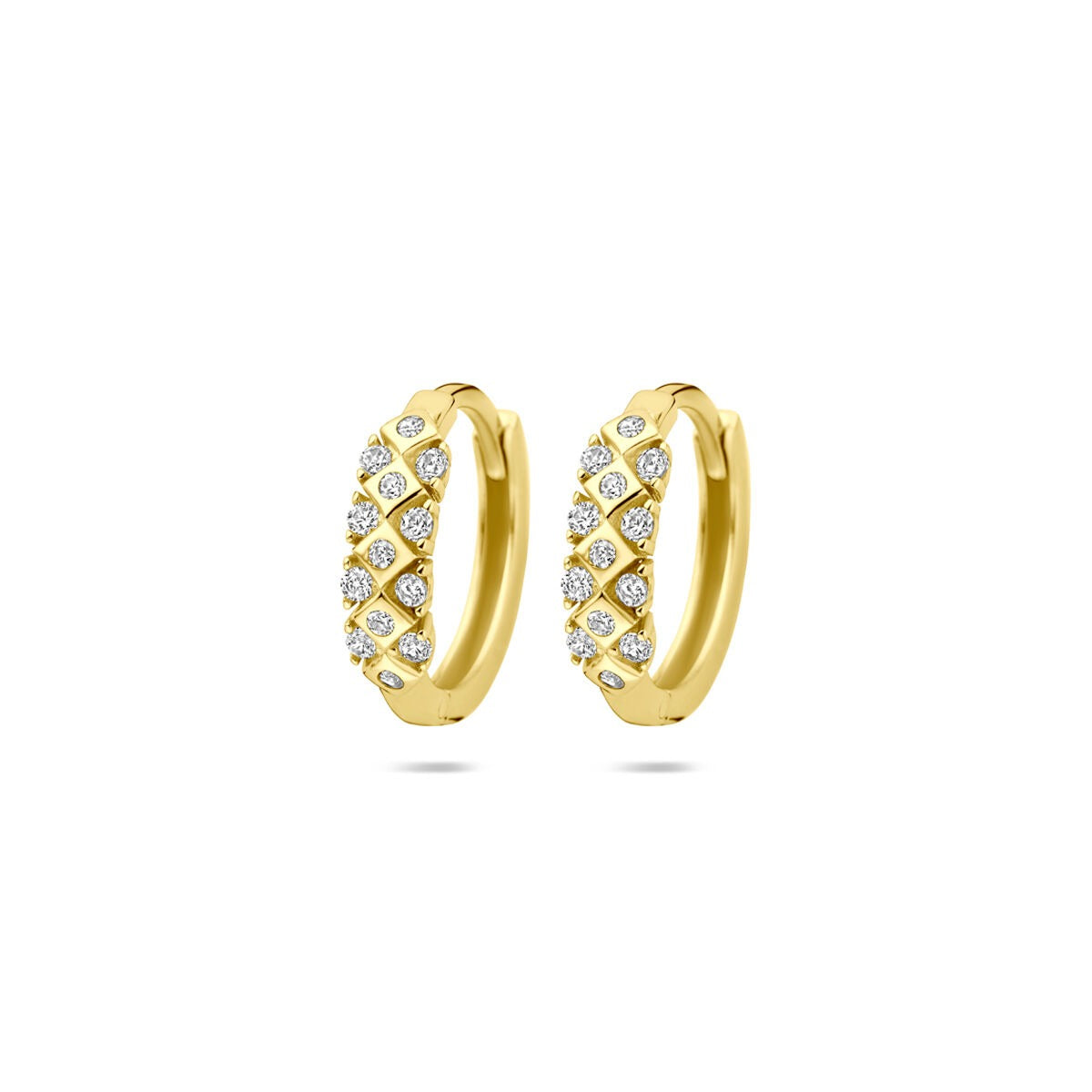 Boucles d'oreilles en or jaune 14 carats avec zirconiums, forme ronde et motif en losanges.