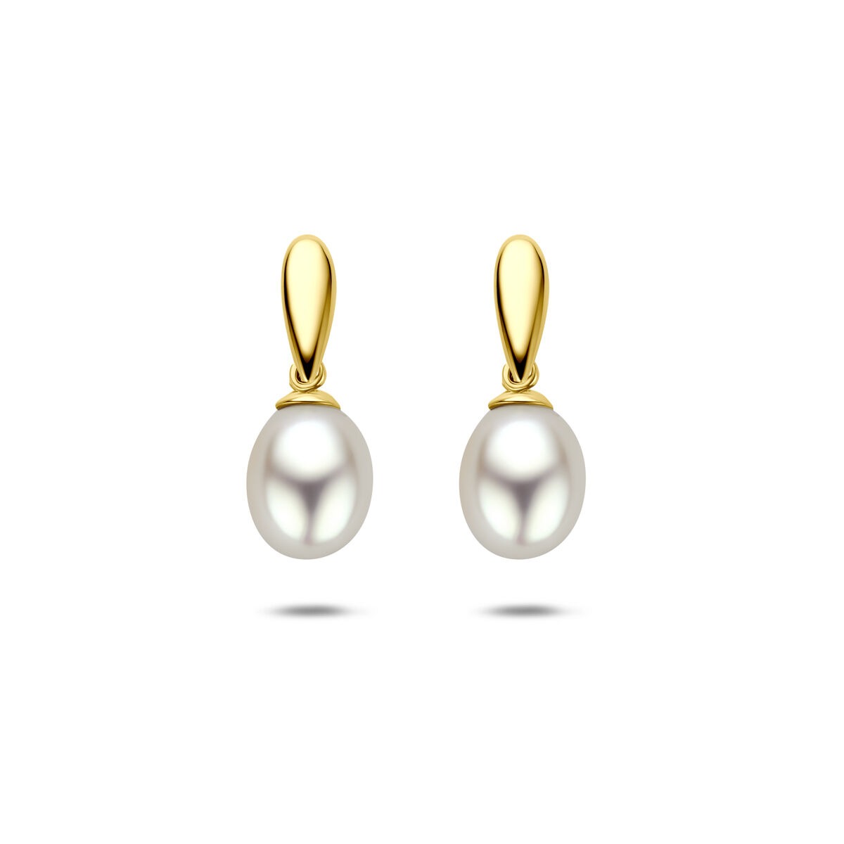 Boucles d'oreilles en or jaune 9 carats avec perles blanches en forme de goutte.