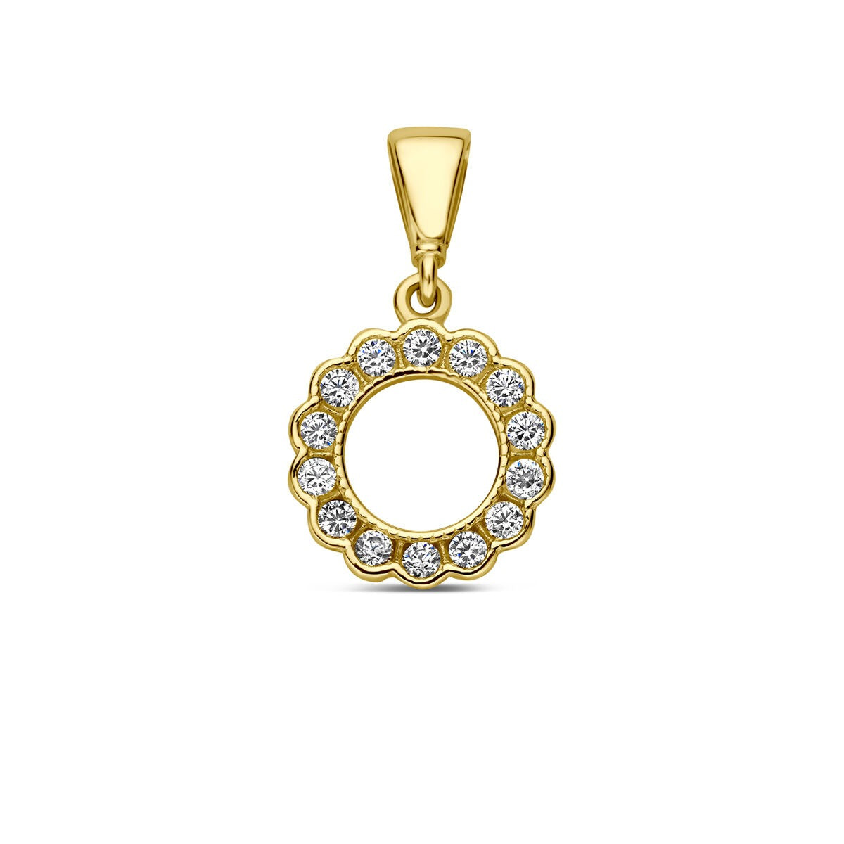 Pendentif rond en or jaune 9 carats, orné de zircons.