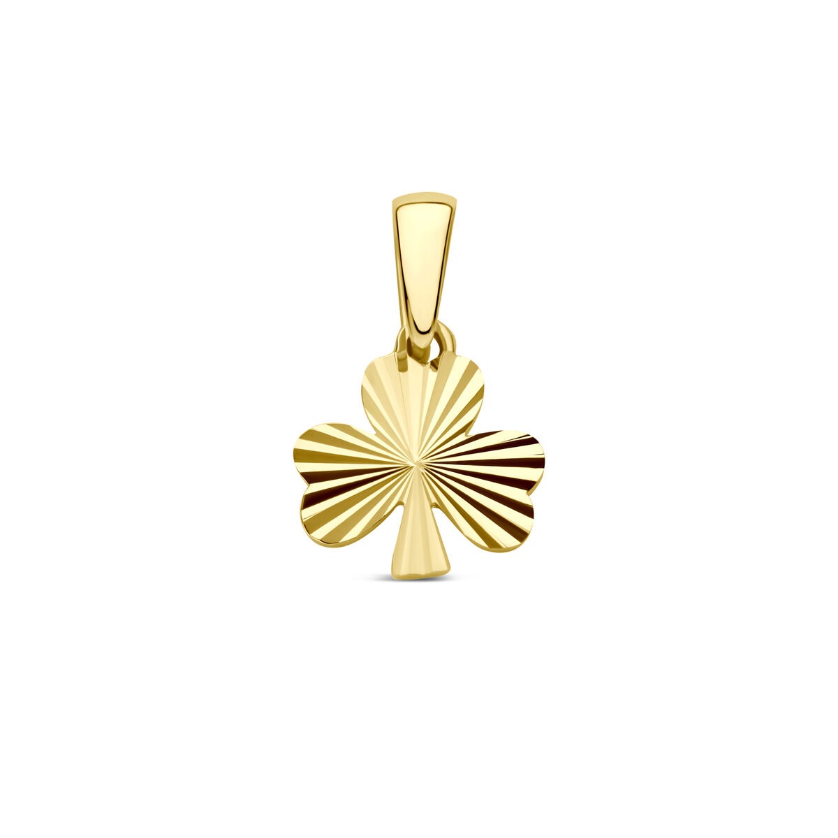 Pendentif en or jaune 14 carats en forme de trèfle, avec des rayures décoratives.