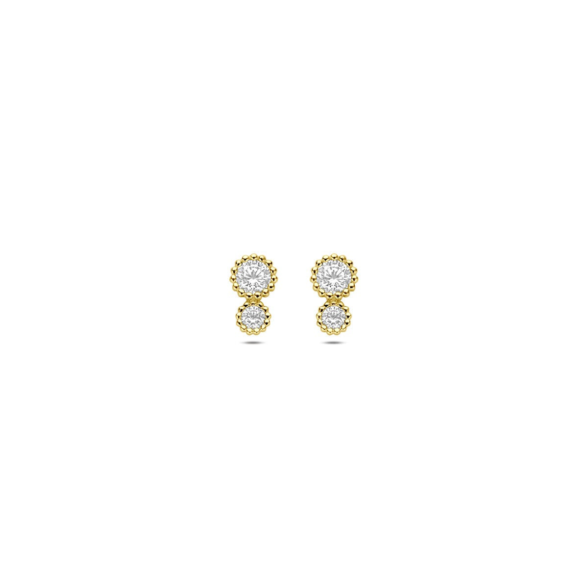 Boucles d'oreilles en or jaune 14 carats avec zircons en sertissage.