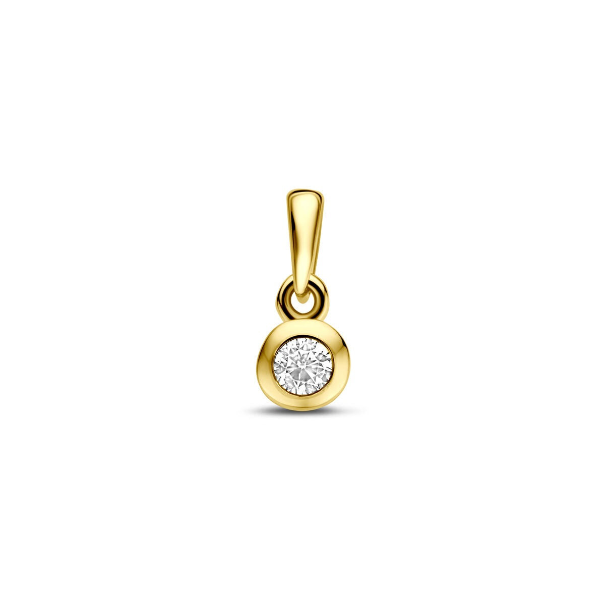 Gouden hanger met een solitaire briljant van 11 mm, bezet met zirkonia.