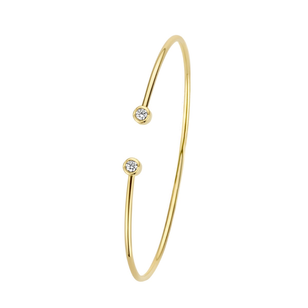 Bracelet jonc en or jaune 14 carats avec deux diamants.