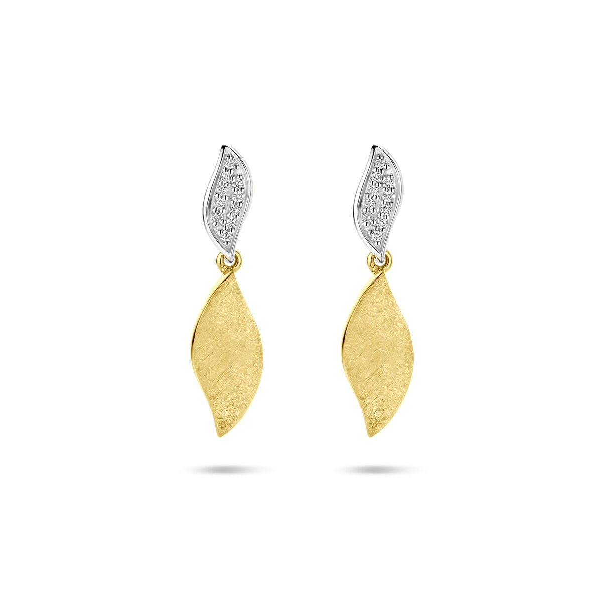 Boucles d'oreilles bicolores en or jaune et blanc, avec un design en forme de feuille, ornées de diamants de 0,06 ct.