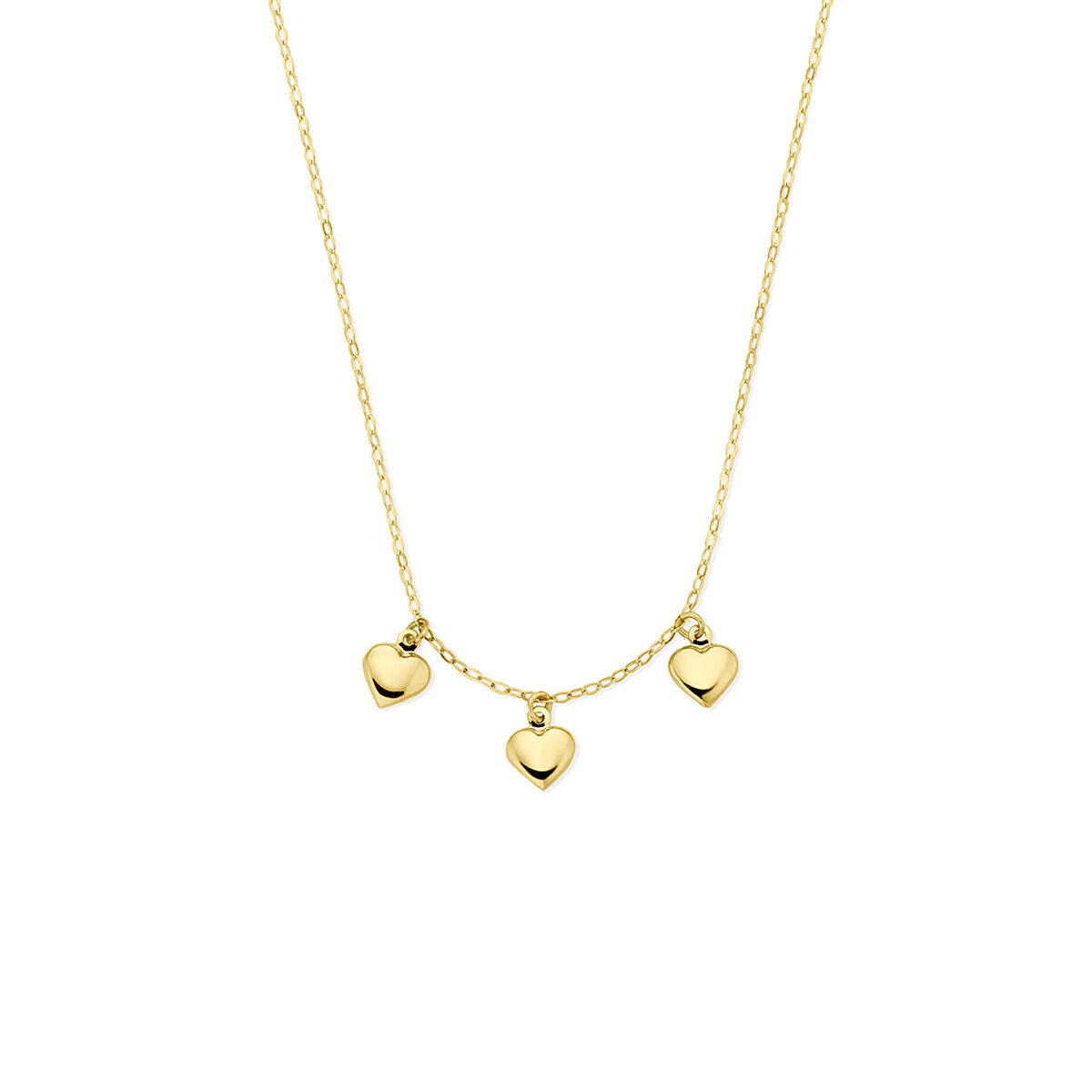 Collier en or jaune avec trois pendentifs en forme de cœur, longueur de 40 à 42 cm.