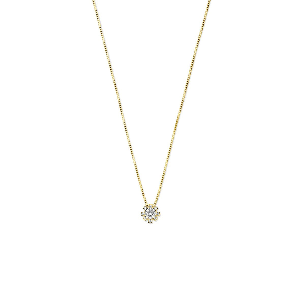 Collier en or 14k avec zirconia, présentant un pendentif en forme de fleur.