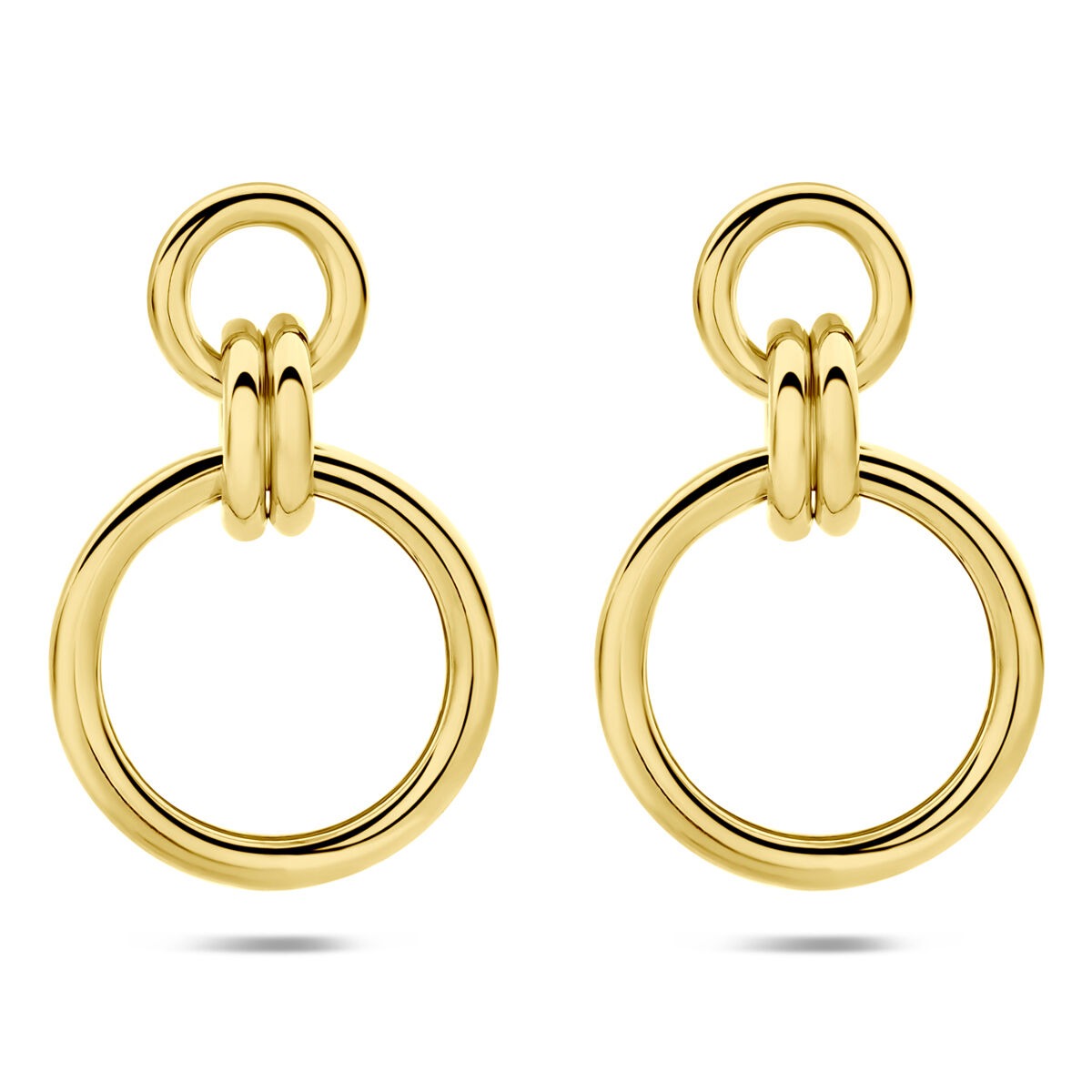 Boucles d'oreilles rondes en argent 925 doré, avec un design en anneaux entrelacés.