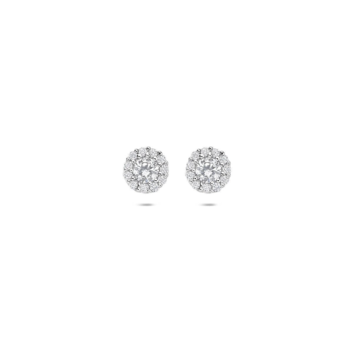Boucles d'oreilles en argent rhodié avec une entourage de zirconia, forme ronde.