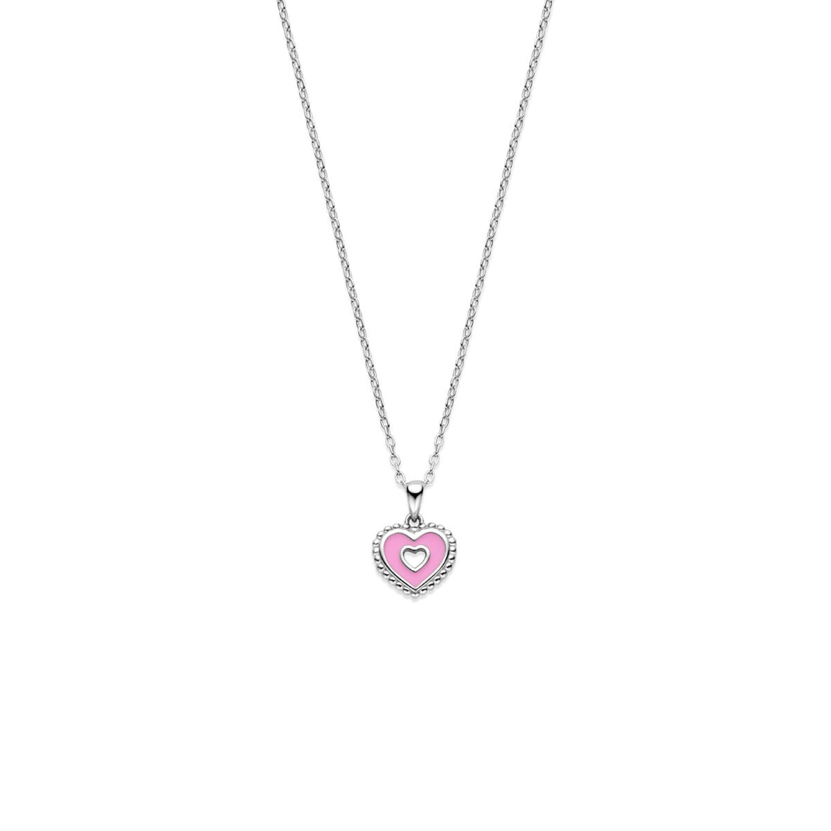 Collier en argent rhodié avec un pendentif en forme de cœur rose.
