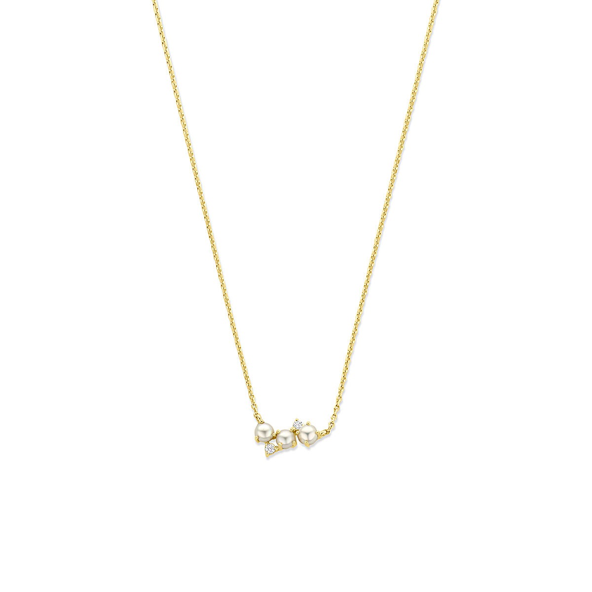 Verguld zilveren collier met drie zoetwaterparels en zirkonia, hangend aan een fijne ketting.
