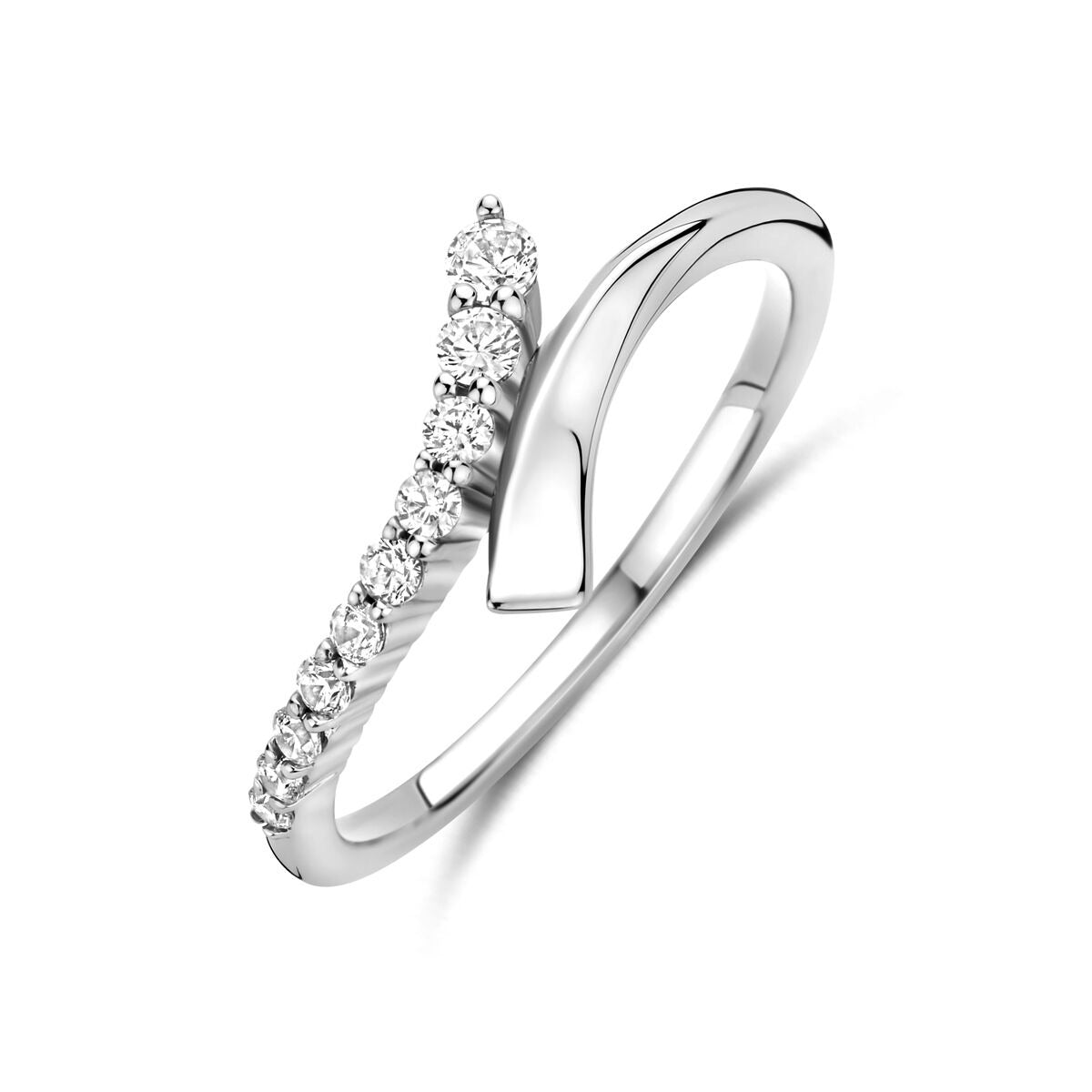 Bague en argent rhodié avec zircons, design élégant et fin, largeur de 7,5 mm.
