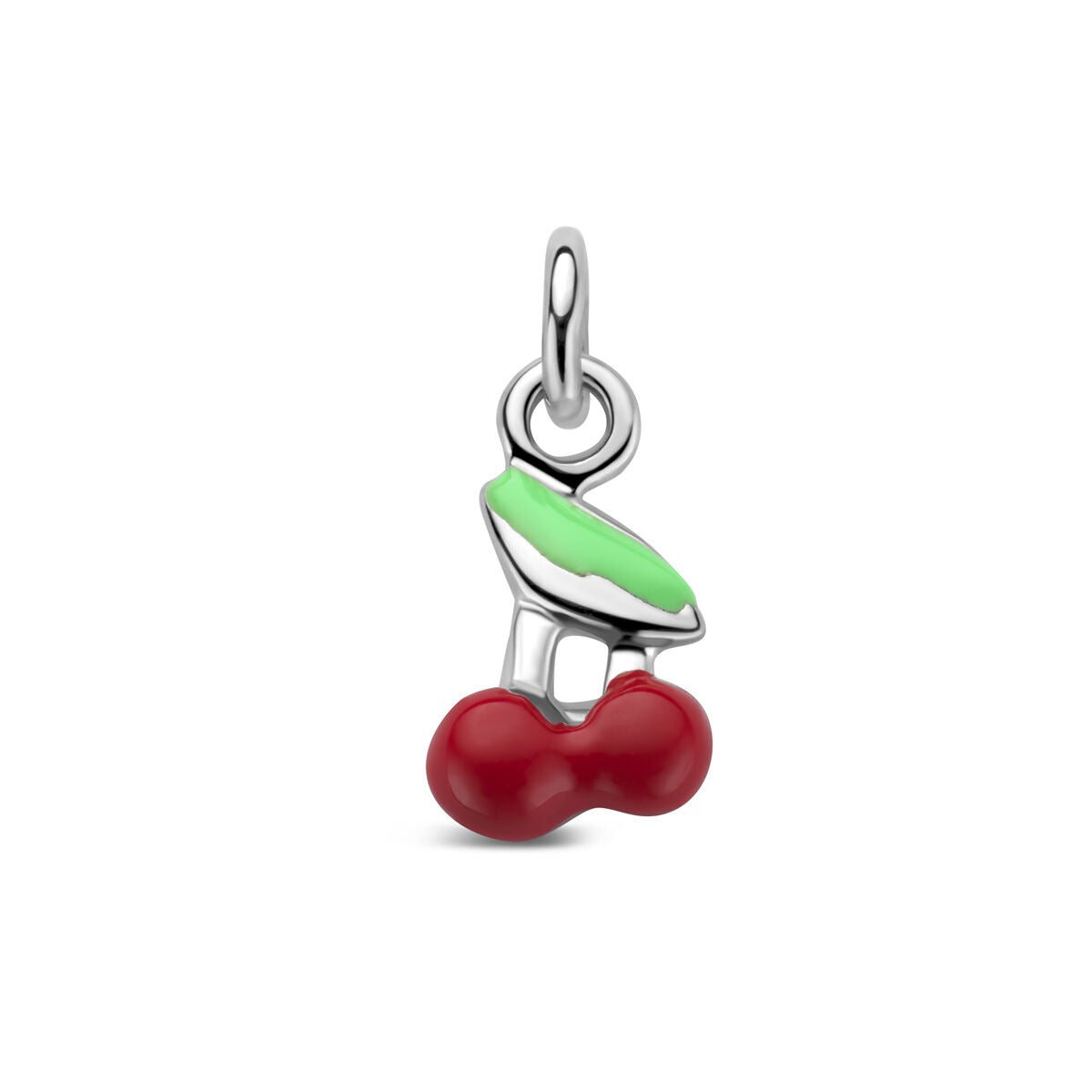 Pendentif en argent rhodié représentant des cerises rouges avec une feuille verte.