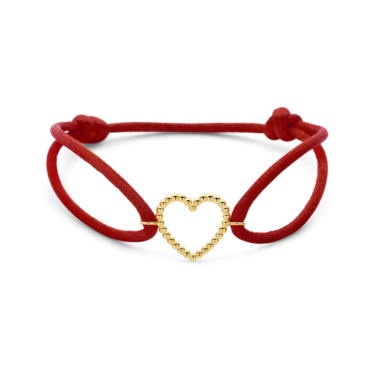 Bracelet en satin rouge avec un cœur en or 14 carats.