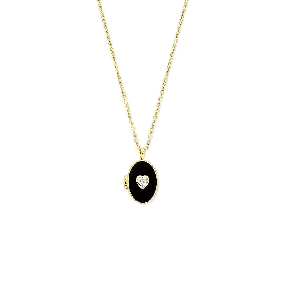 Verguld zilveren collier met een zwart onyx medaillon en een hartje van zirkonia.